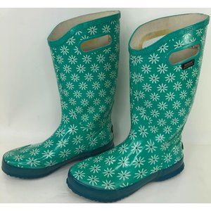 Bogs Teal Knee High Rubber Rain Boots Flower Patte